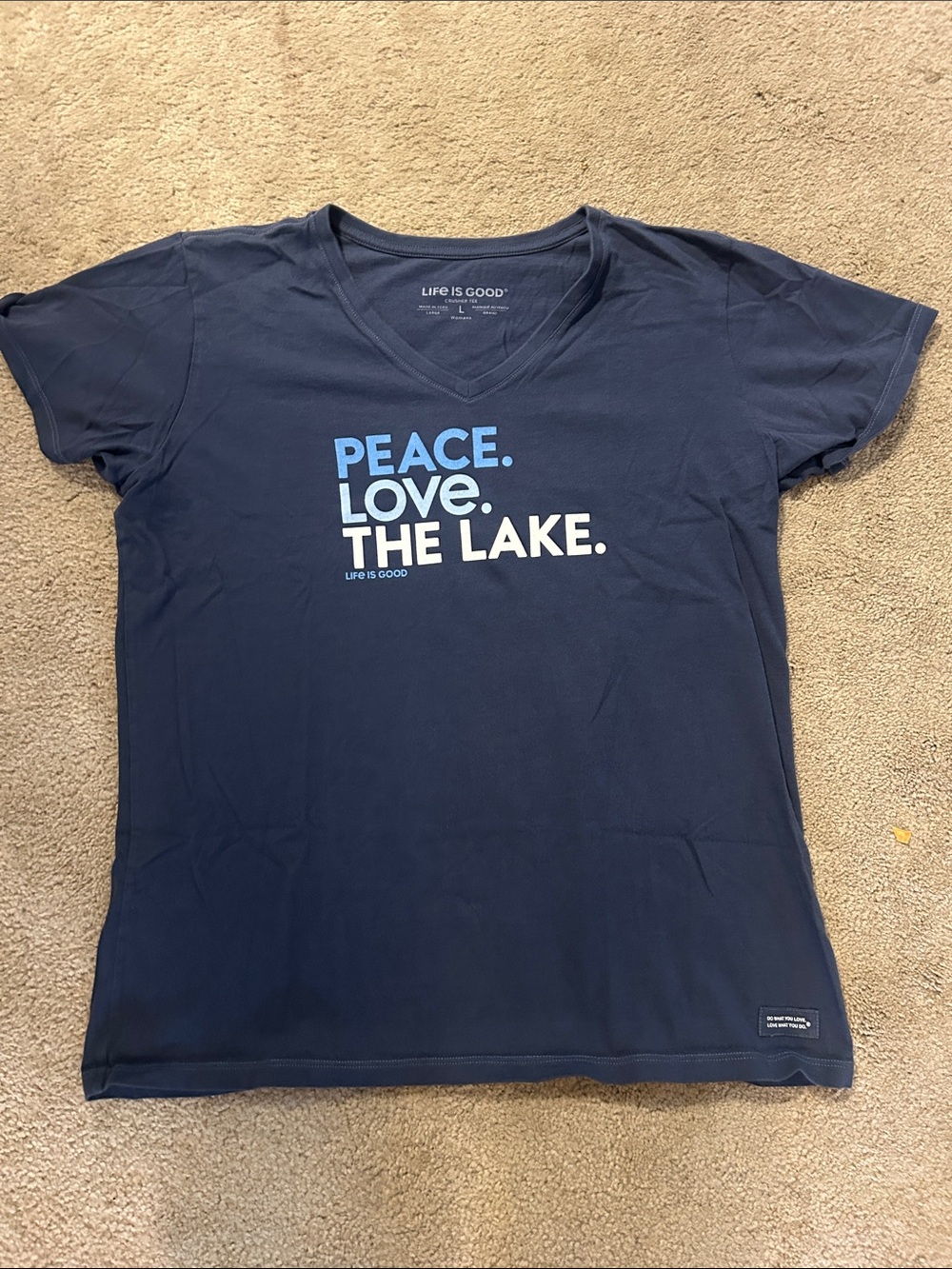 Life Is Good Navy V‑Neck Tee with Blue & White Lake Graphic